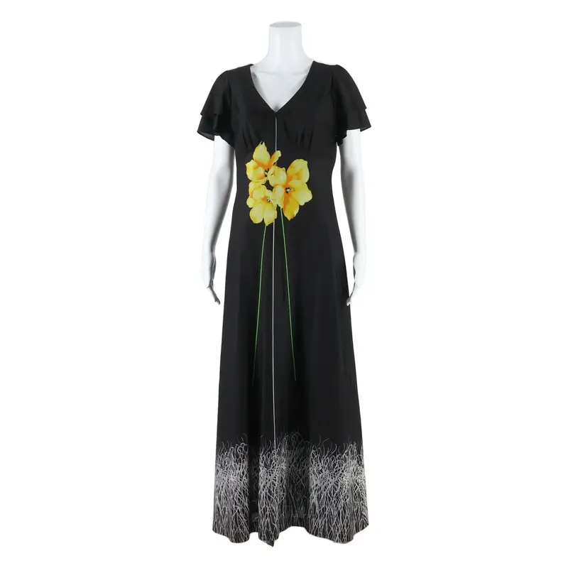 Womens Maxi Dress Black Viscose Floral Short Sleeve Long S