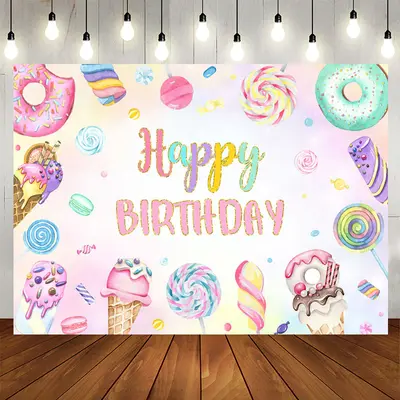 Aperturee Colorful Donut Pink Candy Happy Birthday Backdrop