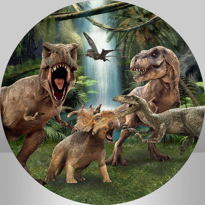 Aperturee Dinosaur And Waterfall Round Happy Birthday Backdrop | Round Backdrop Cover Diy | Round Party Backdrop | Round Birt...
