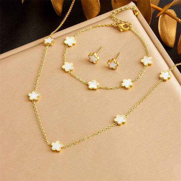 Stainless Steel & Natural Shell Chain Necklace & Bracelet & Stud Earring