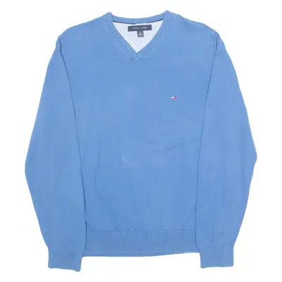 TOMMY HILFIGER Mens Jumper Blue V-Neck Tight Knit L