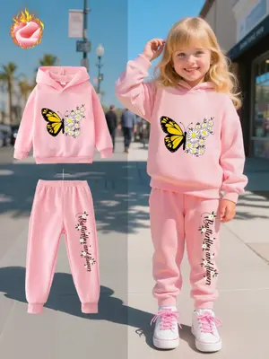 Girls' Fall Winter Set Hooded Sweatshirt + Elastic Waist Pants, Cute Butterfly Print, Casual Fitted for Daily Wear
