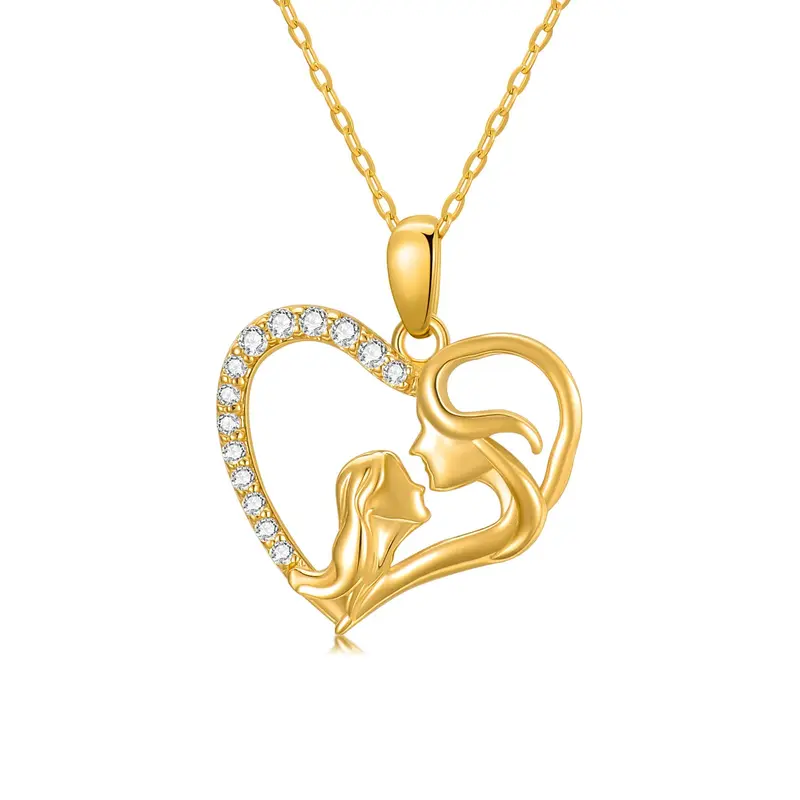 14K Gold Cubic Zirconia Mother & Daughter Contour Heart Pendant Necklace