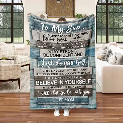 To My Son Letter Pattern Blanket, 1 Count Soft Comfortable Flannel Throw, Gift for Son From Mom for Birthday Christmas Thanks...