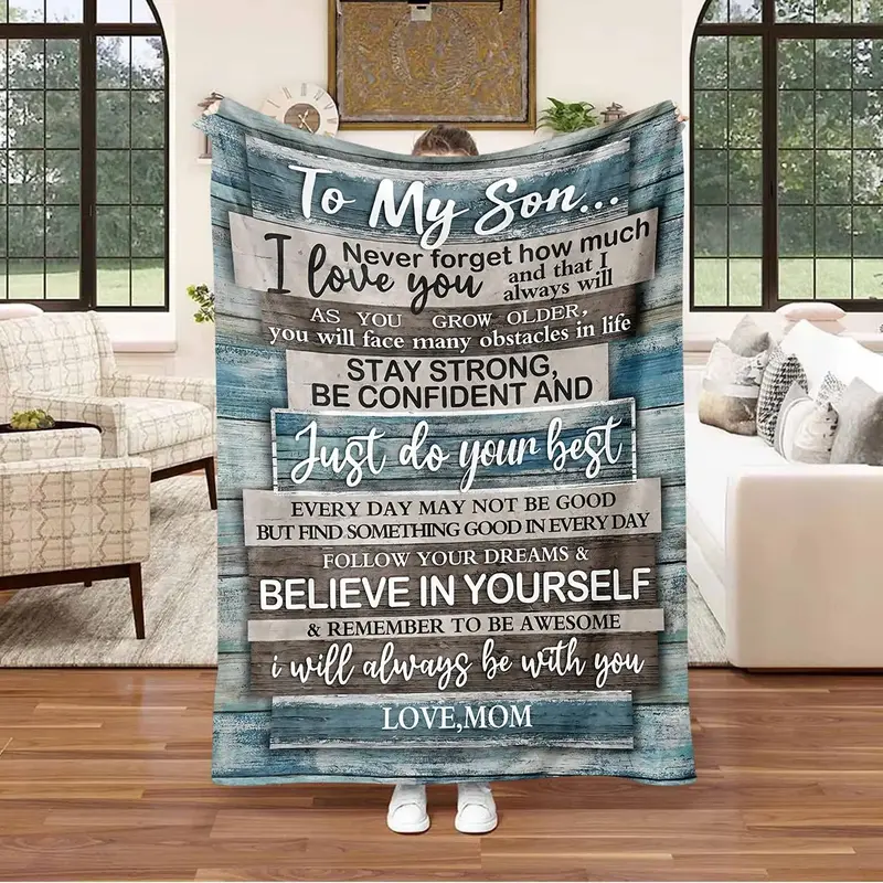 To My Son Letter Pattern Blanket, 1 Count Soft Comfortable Flannel Throw, Gift for Son From Mom for Birthday Christmas Thanks...