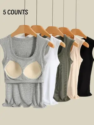 Women's Solid Color Built-In Bra Underwear Tank Top, Casual Comfy Breathable Vest for Daily Wear, Women's Lingerie for All Se...