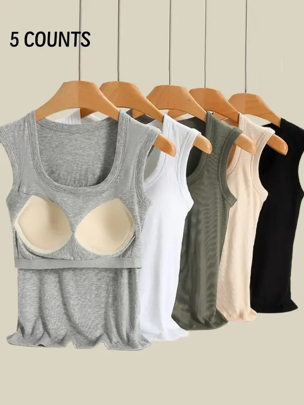 Women's Solid Color Built-In Bra Underwear Tank Top, Casual Comfy Breathable Vest for Daily Wear, Women's Lingerie for All Se...