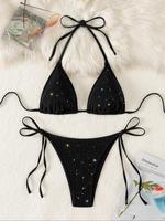 Two-Piece Set Women's Glitter Tie Back Halter Bikini Set, Casual Fashion Chic Wireless Triangle Swim Bra & Tie Side High Cut ...