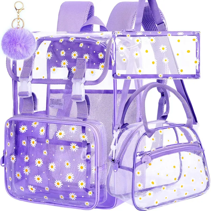 3PCS Clear Backpack, Heavy Duty Transparent Bookbag for Girls Women, Stadium Approved See Through Backpack with Lunch Box (Pu...