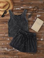 Two-Piece Set Women's Solid Tank Top & Shorts, Casual Sleeveless Top & Shorts for Summer, Ladies Clothes for Daily Wear