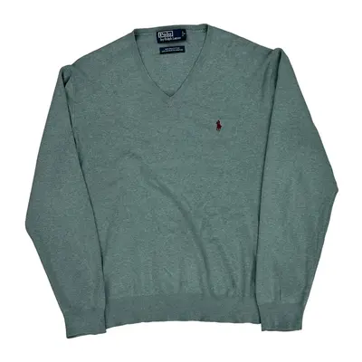 Ralph Lauren V-Neck Jumper - Large Blue Cotton