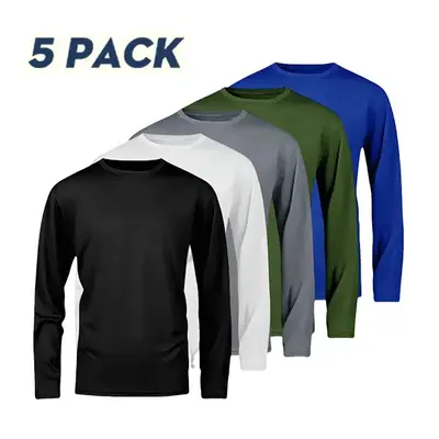 OKP Five Pack Men's UPF Solid Color Round Neck Long Sleeve T-shirt, Breathable Long Sleeve Shirt, Indoor and Outdoor Sportswe...