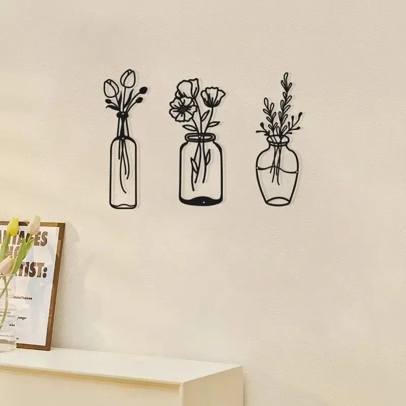Metal Flower Vase Design Wall Decor, 3 Counts/set Modern Wall Art, Wall Hanging Decor for Home Living Room Bedroom, Home Deco...