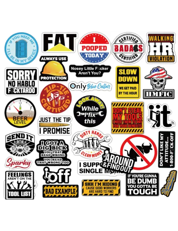 Hard Hat Stickers - 25-150 pcs Funny Stickers (Dirty) - Waterproof Vinyl for Helmet, Tool Box, Electrician, Cars, Blue Collar...