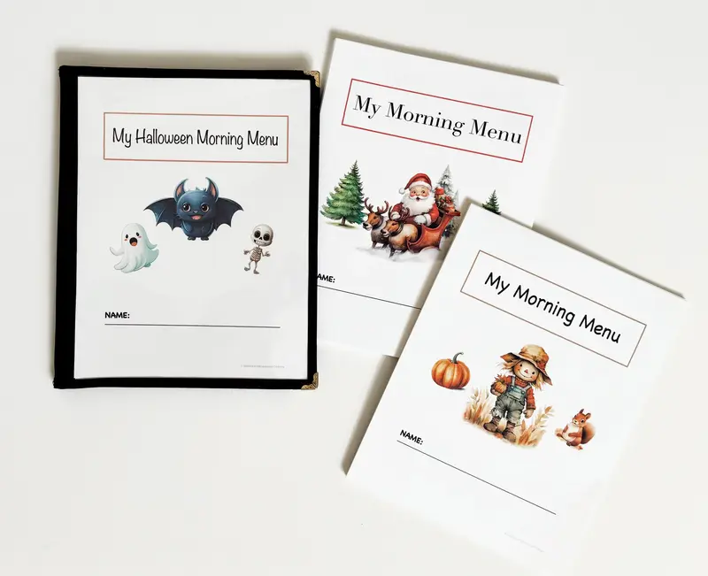 Holiday Morning Menu Bundle for Preschoolers and Kindergarteners with 63 Halloween, Thanksgiving, and Christmas Reusable Acti...