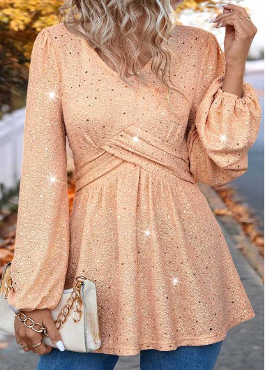 Modlily Light Pink Hot Stamping Long Sleeve V Neck Blouse - XXL