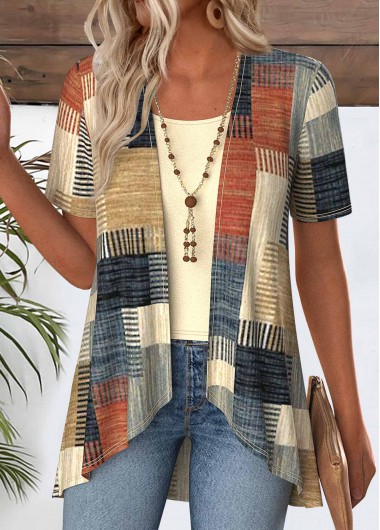 Modlily Multi Color Geometric Print Fake Two Piece Twinset - XL