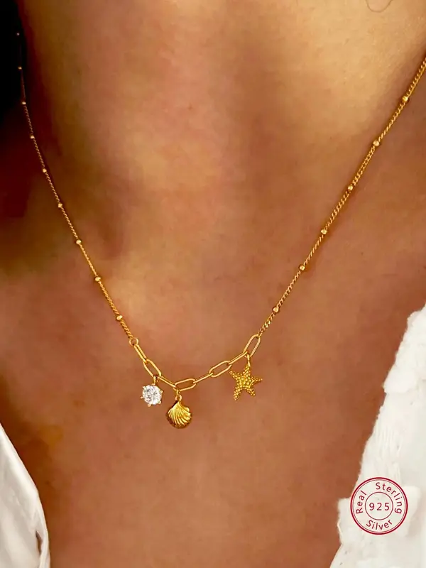 S925 Sterling Silver Starfish Shell Decor Pendant Necklace, Fashion Jewelry for Party, Daily Clothing Decor, Trendy All-match...