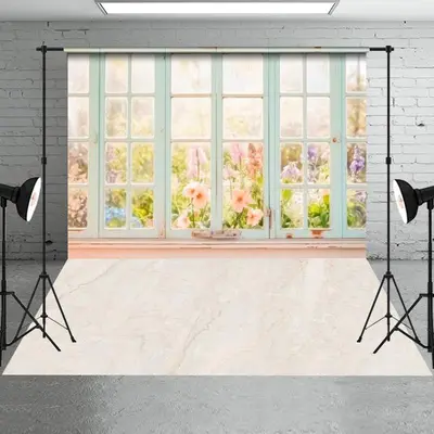Floral Spring Wooden Window Backdrop+Cream Marble Cracks Fabric Floor Backdrop - Aperturee