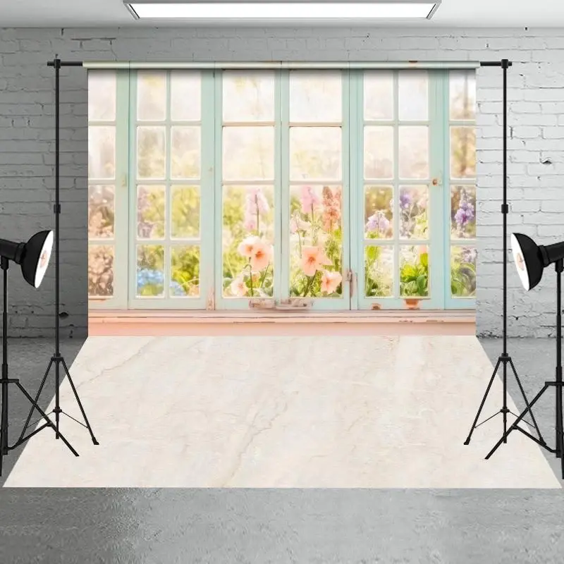 Floral Spring Wooden Window Backdrop+Cream Marble Cracks Fabric Floor Backdrop - Aperturee