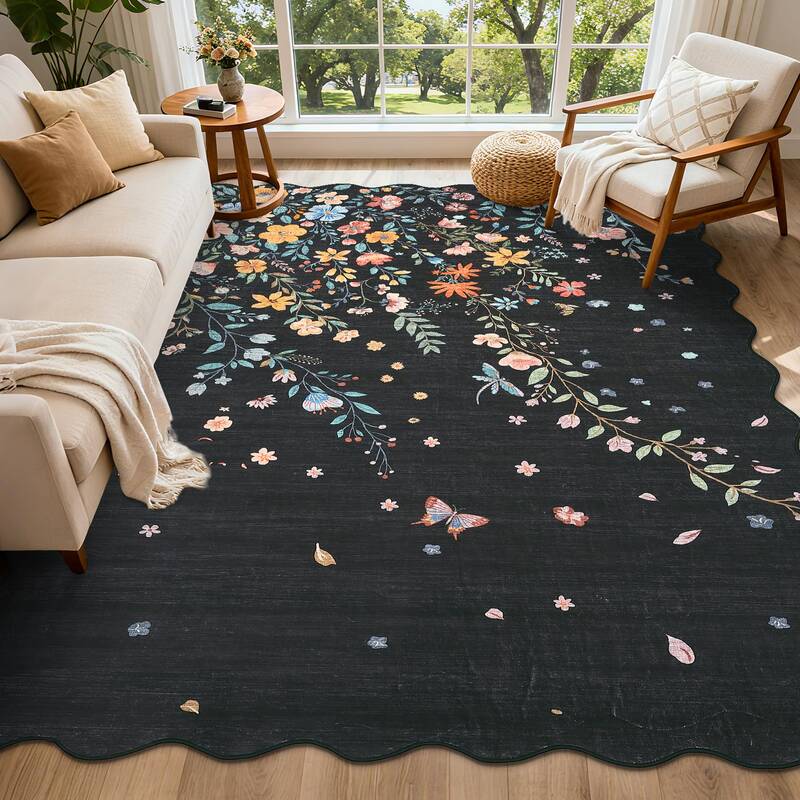 Garvee Floral Washable Scalloped Rugs 8x10 Non-Slip Soft Black Area Rugs for Living Room, Low Pile Stain Resistant