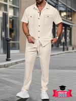 Two-piece Set Men's Solid Button Front Shirt & Pants Set, Regular Fit Casual Short Sleeve Pocket Top & Drawstring Waist Trous...