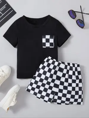 Two-piece Set Boy's Checkerboard Print Pocket Tee & Shorts Set, Casual Short Sleeve Round Neck T-shirt & Shorts, Summer Outfi...