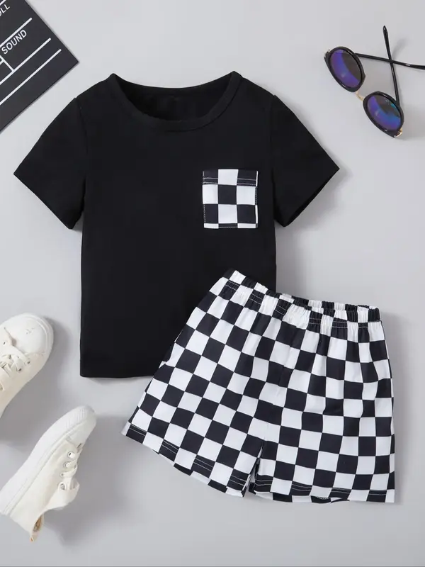 Two-piece Set Boy's Checkerboard Print Pocket Tee & Shorts Set, Casual Short Sleeve Round Neck T-shirt & Shorts, Summer Outfi...