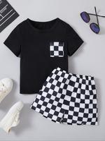 Two-piece Set Boy's Checkerboard Print Pocket Tee & Shorts Set, Casual Short Sleeve Round Neck T-shirt & Shorts, Summer Outfi...
