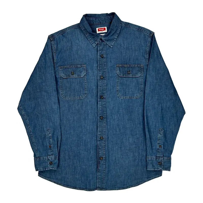 Wrangler Denim Shirt - Large Blue Cotton Blend