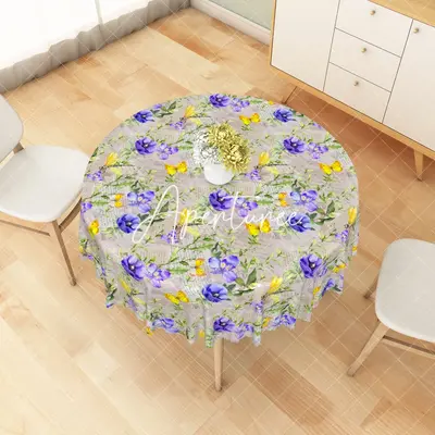 Aperturee Yellow Flowers Plants Butterfly Accent Tablecloth, Dia 4 ft / 1.2 m, 26.22 USD, round tablecloths, ZJY04611-B