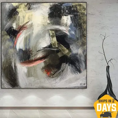 Original Abstract Painting: Large Oil Painting in Green and Beige Colors as Contemporary Art for Office or Living Room Wall D...