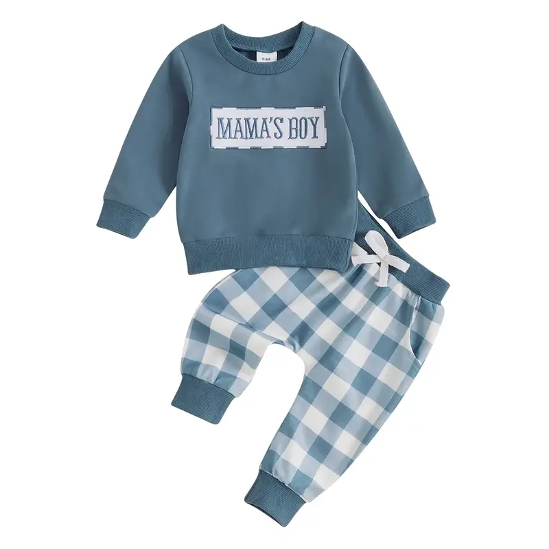 Baby Boy Fall Winter Outfits Mama's Boy Sweatshirt Long Sleeve Crew Neck Embroidery Sweater Tops + Plaid Pants Set Spring Clo...