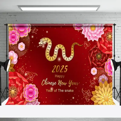Aperturee Festive Red Gold Snake 2025 Happy New Year Backdrop
