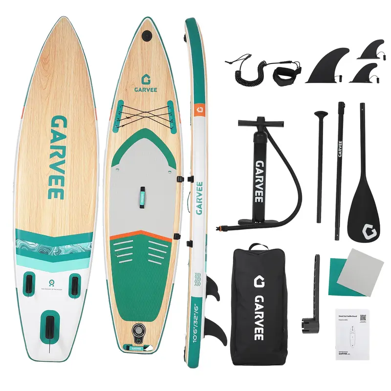 Garvee Inflatable SUP Paddle Board 11'6 x 33 with Accessories, Wide Light Wood Deck, Triple Fin, Non-Slip EVA, Camera Mount...