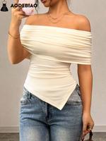 Women's Plain Ruched Tee, Elegant Fashion Casual Off The Shoulder T-shirt for Daily Outdoor Wear, Ladies Clothes for Summer, ...