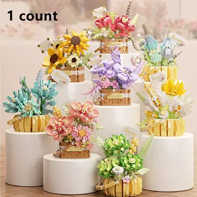 Artificial Floral Building Blocks, 1 Set DIY Creative Assembled Flower Puzzle Toy, Romantic Flower Blocks Building Set, Home ...