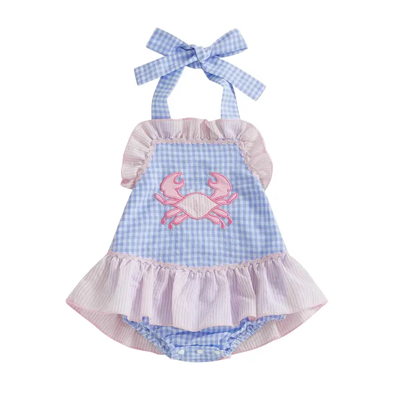 Infant Baby Girl Crab Plaid Romper Dress Tie-up Halter Neck Sleeveless Ruffle Bodysuit Cute Summer Clothes