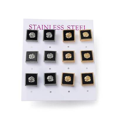 6 Pair 2 Color Square & Flower Acrylic Stud Earrings