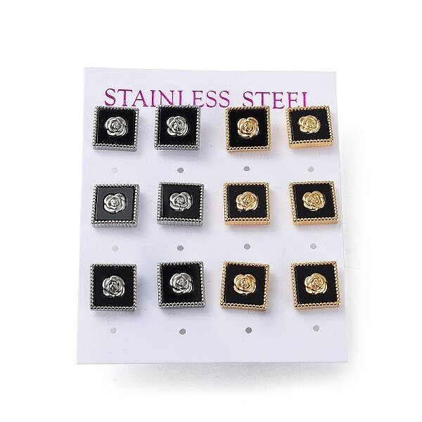 6 Pair 2 Color Square & Flower Acrylic Stud Earrings