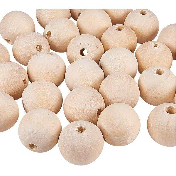 50 Pcs Natural Round Wood Beads Wooden Loose Spacer Beads Diameter 30mm Lead Free For Jewelry Making DIY Handmade Craft