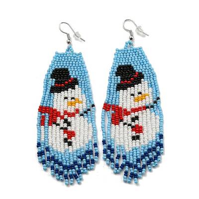 Boho Seed Bead Christmas Snowman Tassel Earrings