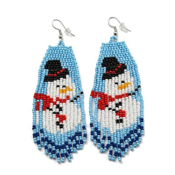 Boho Seed Bead Christmas Snowman Tassel Earrings