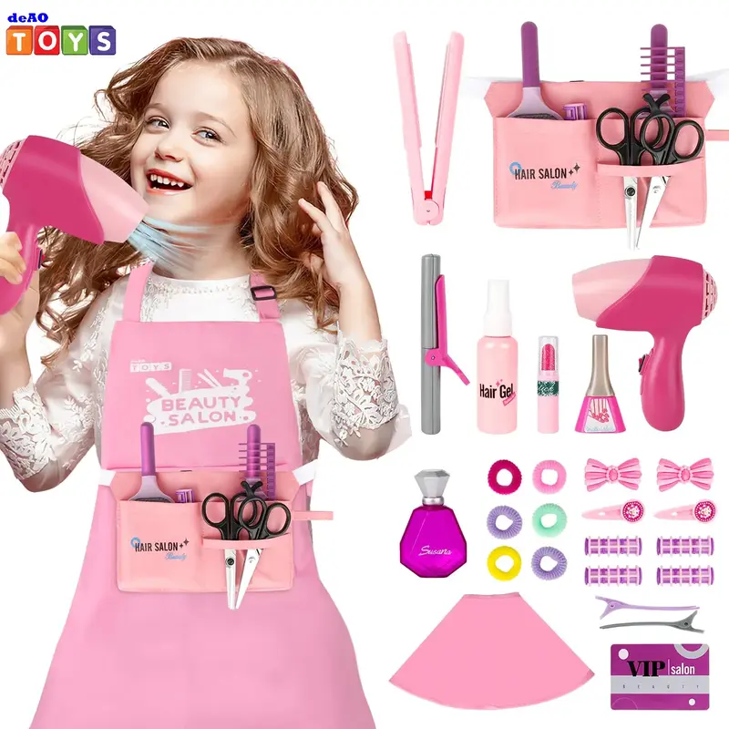 Salon Set Pretend Play Stylist Hair Cutting Kit Hairdresser Toys with Hair Dryer, Scissors, Barber Apron and Styling Accessor...