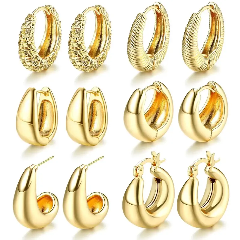 FLORIDECO 6 Pairs Hoop Earrings Hypoallergenic Chunky Lightweight Small Thick Twist Huggie Hoop Earring Set for Women