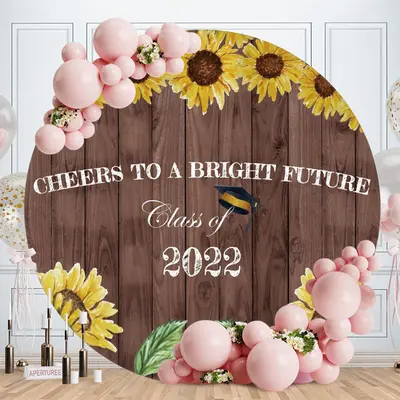 Round Sunflowers Brown Wood 2022 Grad Backdrop - Aperturee