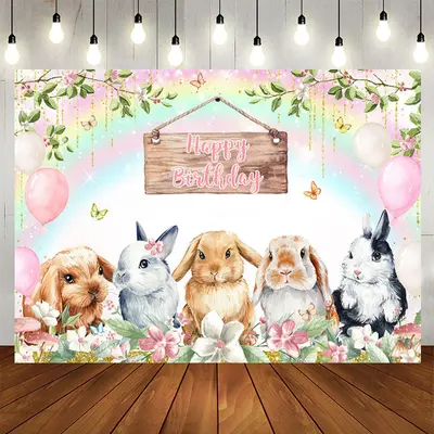 Rainbow Bunny Floral Balloon Happy Birthday Backdrop - Aperturee