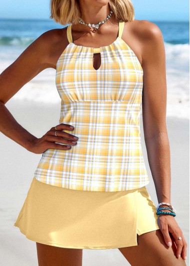 Modlily Cut Out Plaid Light Yellow Tankini Set - L