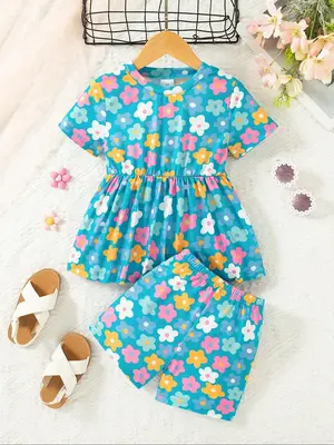 Toddler Girl's Flower Print Tee & Shorts Set, Cute Casual Round Neck Short Sleeve T-shirt & Shorts, Summer Clothes for Kids