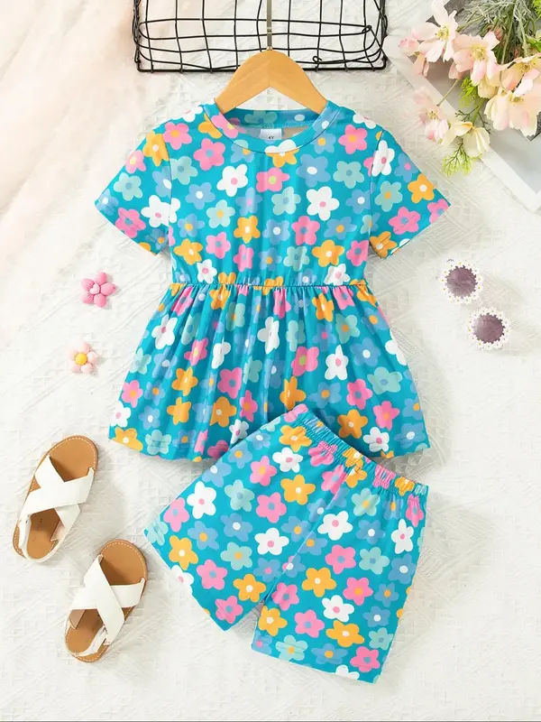 Toddler Girl's Flower Print Tee & Shorts Set, Cute Casual Round Neck Short Sleeve T-shirt & Shorts, Summer Clothes for Kids